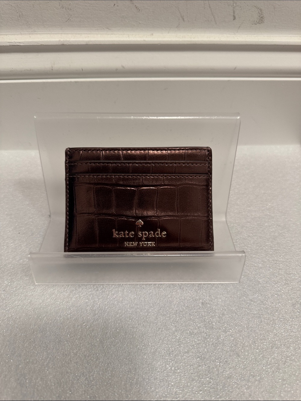 kate spade Metallic Croc-Embossed Card Case in Deep Brown